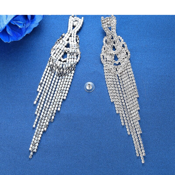 Silver Color Rhinestone Long Tassel Earrings Super Big Bridal Drop Earrings 6