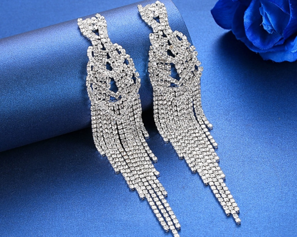 Silver Color Rhinestone Long Tassel Earrings Super Big Bridal Drop Earrings 1