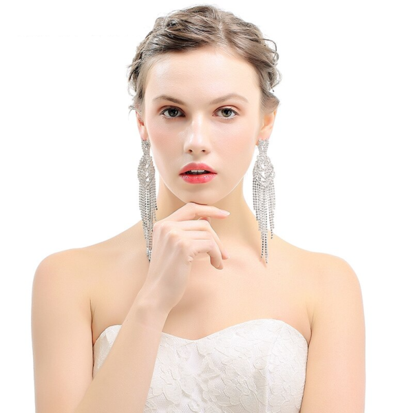 Silver Color Rhinestone Long Tassel Earrings Super Big Bridal Drop Earrings 3
