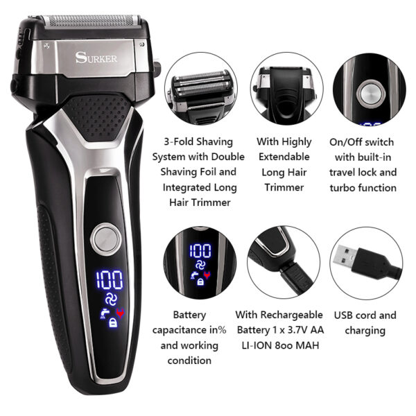 USB Rechargeable Electric Shaver Stainless Steel Shaving Machine 3D Triple Floating Blade Razor 4