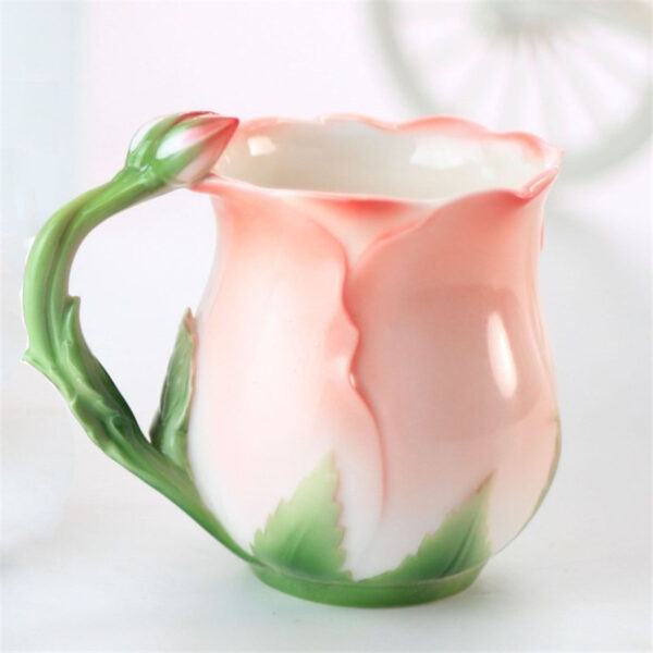 European Style Enamel Ceramic Coffee Mug Creative 3D Rose Flower Shape Teacup with Spoon 4