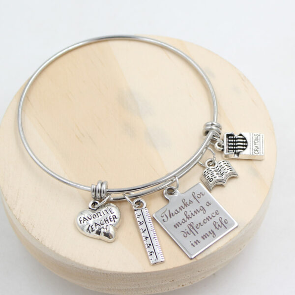 Jewelry Stainless Steel Bangle Book Ruler Crayon Favorite Teacher Charm Bracelet 2