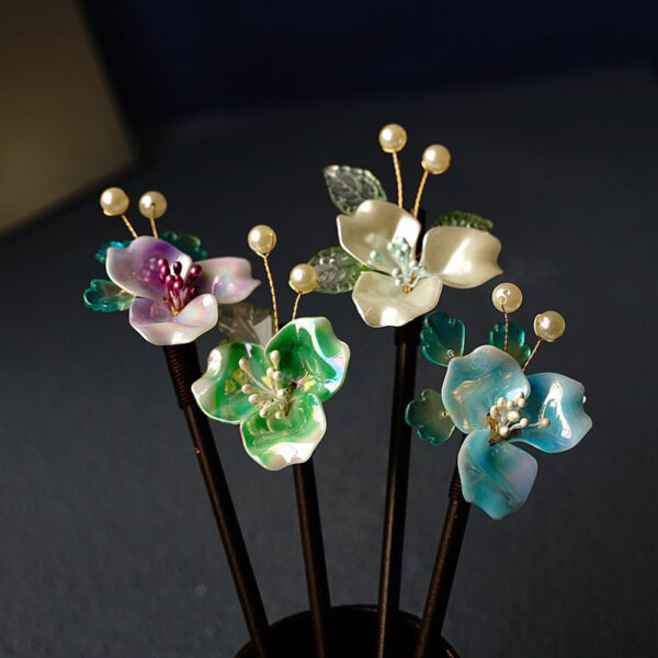 Vintage Handmade Flower Hairpins Wooden Pearls Hair Sticks 5