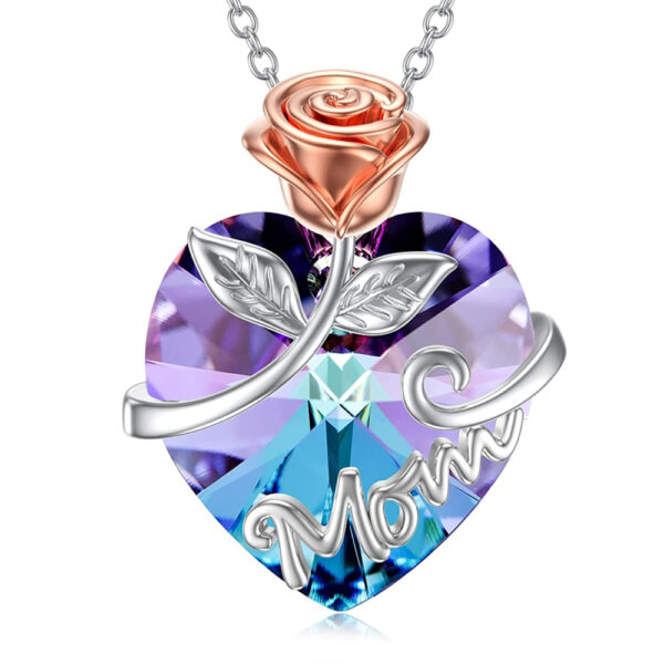 Fashion Love Purple Flower Silver Plate Necklace Heart Crystal Mother Rose Jewelry Gifts 5
