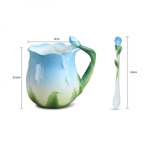 European Style Enamel Ceramic Coffee Mug Creative 3D Rose Flower Shape Teacup with Spoon 6