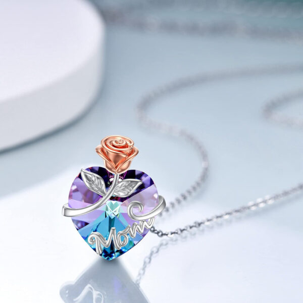 Fashion Love Purple Flower Silver Plate Necklace Heart Crystal Mother Rose Jewelry Gifts 4