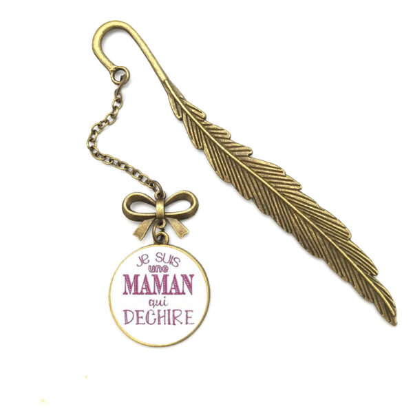 New Vintage Metal Feather Bookmark Merci Maitresse Glass Pendant 2