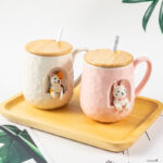 Cute Animal Relief Ceramic Mug With Lid and Spoon