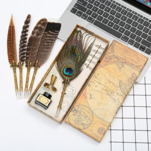 Natural Peacock Feather Dip Pen Set Writing Ink Luxury Box Unique Gift 1