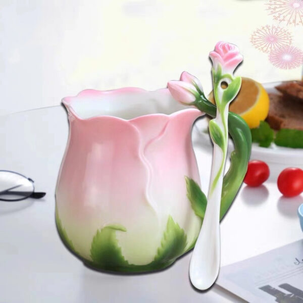 European Style Enamel Ceramic Coffee Mug Creative 3D Rose Flower Shape Teacup with Spoon 3