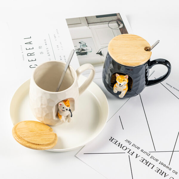 Cute Animal Relief Ceramic Mug With Lid and Spoon 4