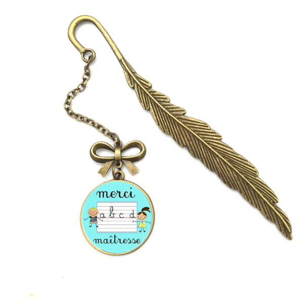 New Vintage Metal Feather Bookmark Merci Maitresse Glass Pendant