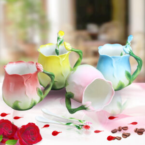 European Style Enamel Ceramic Coffee Mug Creative 3D Rose Flower Shape Teacup with Spoon 2
