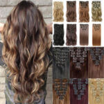 Synthetic Straight Hair Heat Resistant Light Brown Gray Blond Hair Extension Set Clip In