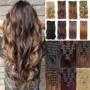 Synthetic Straight Hair Heat Resistant Light Brown Gray Blond Hair Extension Set Clip In 1
