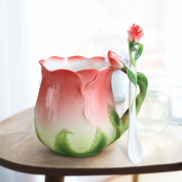 European Style Enamel Ceramic Coffee Mug Creative 3D Rose Flower Shape Teacup with Spoon 1
