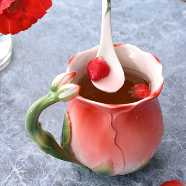 European Style Enamel Ceramic Coffee Mug Creative 3D Rose Flower Shape Teacup with Spoon 5