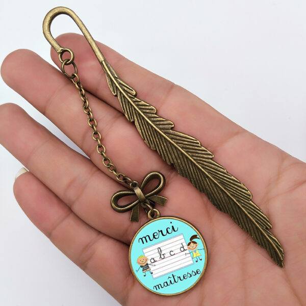 New Vintage Metal Feather Bookmark Merci Maitresse Glass Pendant 5