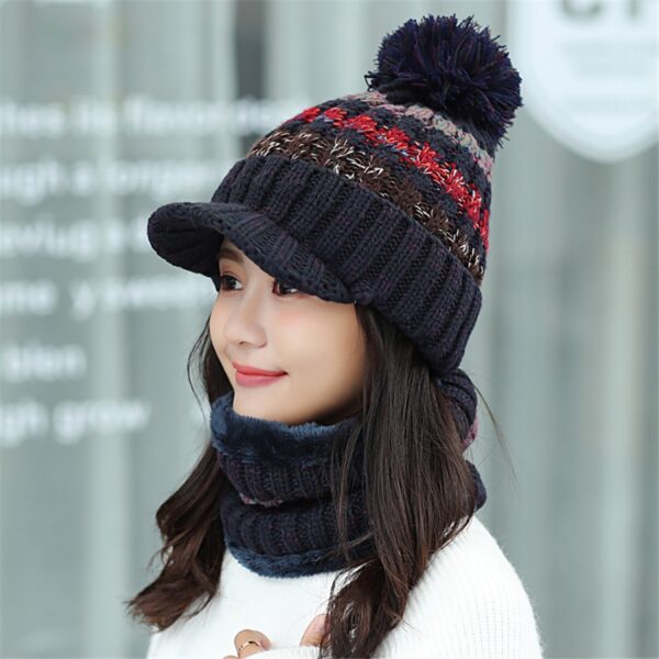 New Winter Velvet Knit Visor Cap Beanie Hat with Bib Fashion Mixed Color Knitted Hat 6