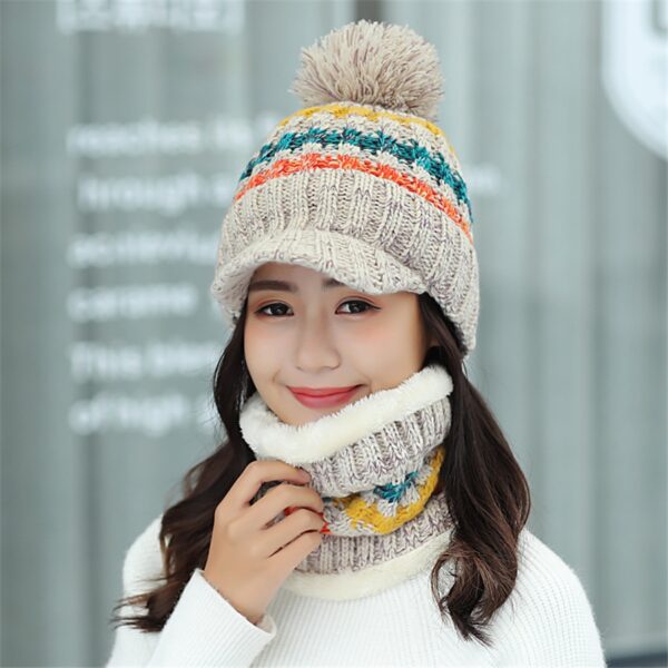 New Winter Velvet Knit Visor Cap Beanie Hat with Bib Fashion Mixed Color Knitted Hat 3