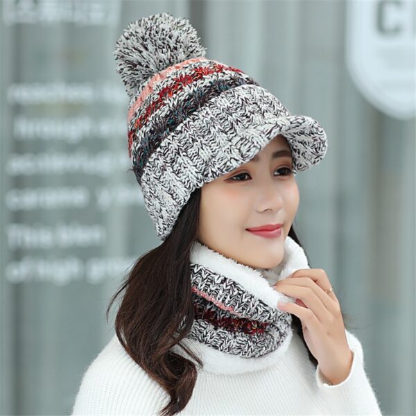 New Winter Velvet Knit Visor Cap Beanie Hat with Bib Fashion Mixed Color Knitted Hat 5