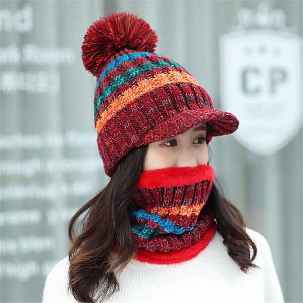 New Winter Velvet Knit Visor Cap Beanie Hat with Bib Fashion Mixed Color Knitted Hat 2