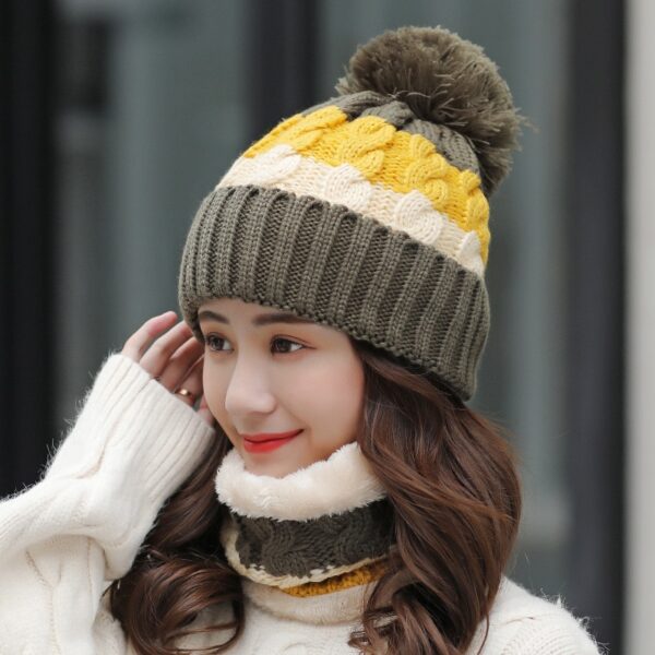 New Winter Hat Thick Knit Warm Beanies Bib Windproof Cycling Wool Stitching Hedging Set 4