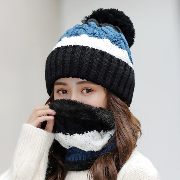 New Winter Hat Thick Knit Warm Beanies Bib Windproof Cycling Wool Stitching Hedging Set 2