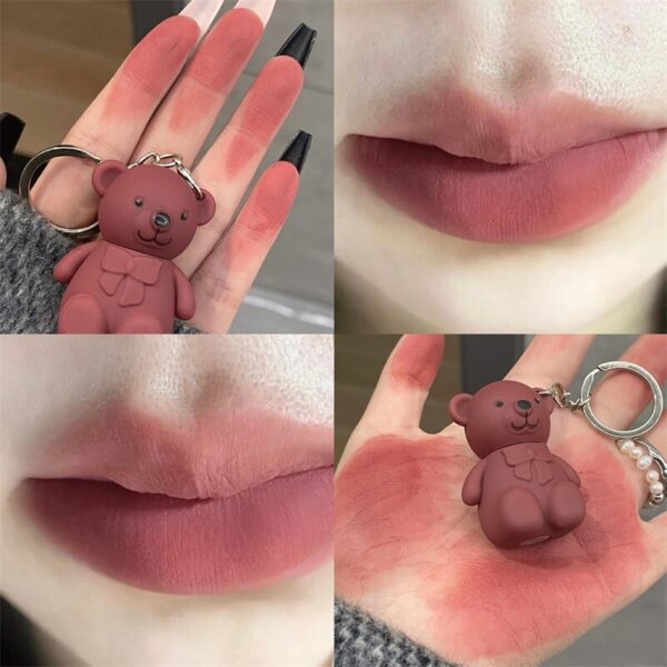 New Cute Bear Matte Lip Mud Velvet Pink Keychain Lipstick Waterproof Long Lasting 3